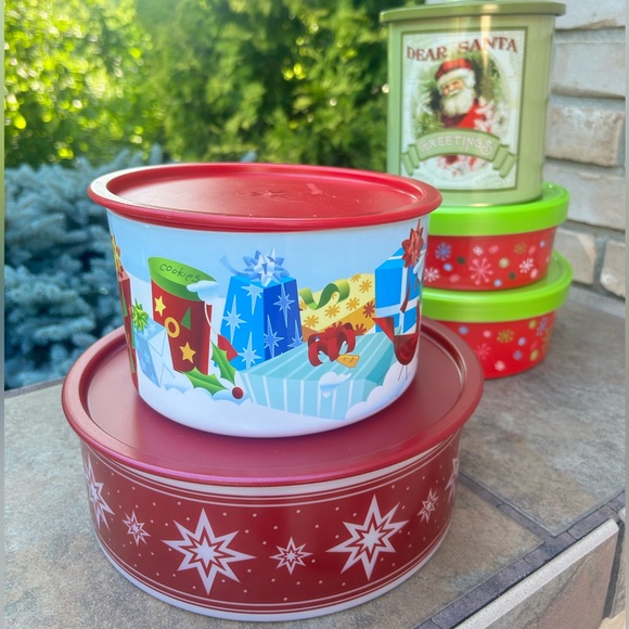 2 Tupperware Food Storage Containers +EXTRAS Canisters Food Cookie Tin Christmas - Picture 1 of 16